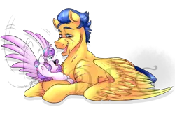 Size: 1600x1043 | Tagged: safe, artist:dragonfoxgirl, derpibooru import, flash sentry, princess flurry heart, alicorn, pegasus, pony, the crystalling, cute, equestria's best uncle, eye contact, flash hunktry, flurrybetes, foal, happy, hug, lidded eyes, looking at each other, male, older, open mouth, papa flash, prone, scar, simple background, smiling, spread wings, stallion, transparent background, uncle and niece, uncle flash, watermark, wings