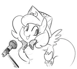 Size: 648x581 | Tagged: safe, artist:egophiliac, derpibooru import, princess luna, pony, moonstuck, black and white, bowtie, cartographer's cap, cute, female, filly, grayscale, hat, microphone, monochrome, sketch, stand-up comedy, woona, younger