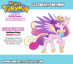 Size: 1024x896 | Tagged: artist:greenlinzerd, colored wings, crossover, crystal heart, derpibooru import, ear fluff, fluffy, legendary pokémon, looking back, multicolored wings, my little ponymon, pokémon, ponymon, princess cadance, raised leg, safe, simple background, solo, wings