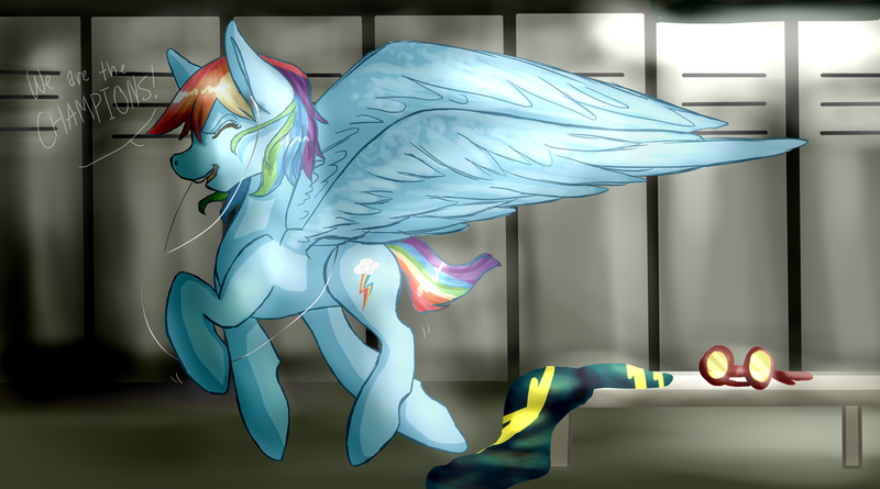 Size: 1024x569 | Tagged: artist:loladotz, clothes, derpibooru import, eyes closed, headphones, locker room, queen (band), rainbow dash, safe, singing, solo, uniform, we are the champions, wonderbolts uniform