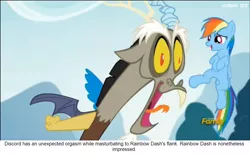 Size: 1364x854 | Tagged: suggestive, derpibooru import, edit, edited screencap, screencap, discord, rainbow dash, draconequus, pegasus, pony, what about discord?, bertstrips, caption, faic, female, implied orgasm, male, mare, meme, ponestrip