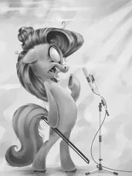 Size: 1500x2000 | Tagged: safe, artist:v747, derpibooru import, octavia melody, pony, bipedal, bow (instrument), grayscale, messy mane, microphone, monochrome, open mouth, solo, standing