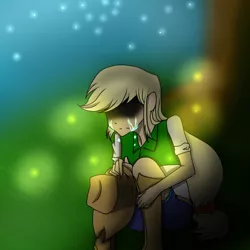 Size: 1024x1024 | Tagged: safe, artist:danteayagawe, derpibooru import, applejack, firefly (insect), insect, equestria girls, crying, hidden eyes, sad, solo, unhapplejack