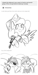 Size: 572x1125 | Tagged: safe, artist:egophiliac, derpibooru import, princess luna, oc, oc:frolicsome meadowlark, oc:sunshine smiles (egophiliac), bat pony, pony, moonstuck, ask, bowtie, cartographer's cap, comic, eyepatch, female, filly, food, grayscale, hat, microphone, monochrome, nervous, popcorn, sketch, stand-up comedy, tumblr, unimpressed, woona, younger