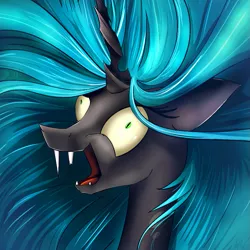 Size: 945x945 | Tagged: artist:flamevulture17, broken tooth, crazy face, derp, derpibooru import, exploitable meme, faic, i didn't listen, image macro, laughing, meme, queen chrysalis, safe, shrunken pupils, solo