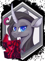 Size: 1199x1637 | Tagged: safe, artist:kyokimute, derpibooru import, oleander (tfh), classical unicorn, unicorn, them's fightin' herds, book, bust, cloven hooves, community related, leonine tail, looking at you, portrait, smiling, solo, unicornomicon, unshorn fetlocks