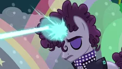 Size: 1280x720 | Tagged: safe, derpibooru import, screencap, prance (character), undertone, ponified, pony, unicorn, the mane attraction, background pony, beam, blast, chest hair, clothes, collar, fabulous, facial hair, jacket, jewelry, leather, leather jacket, magic, magic beam, magic blast, makeup, male, mascara, moustache, necklace, prince (musician), solo, stallion, the spectacle, unicorn magic