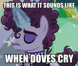 Size: 589x500 | Tagged: safe, derpibooru import, screencap, prance (character), undertone, pony, unicorn, the mane attraction, background pony, caption, chest hair, clothes, collar, discovery family logo, image macro, impact font, jewelry, magic, male, meme, necklace, prince (musician), rest in peace, rest in purple, solo, song reference, stallion, text, the spectacle, unicorn magic, vest, when doves cry