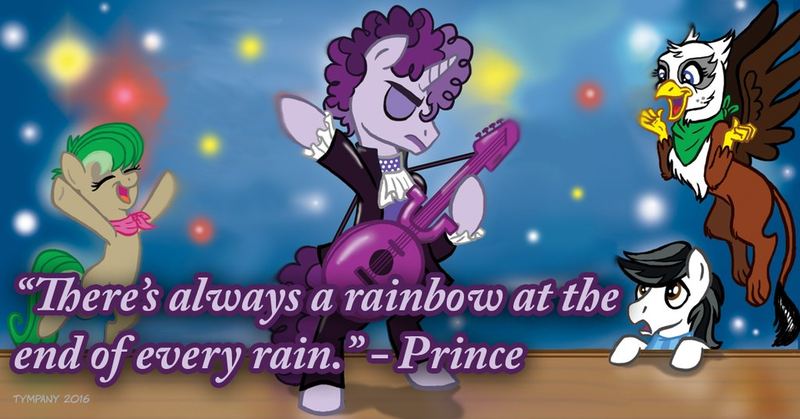 Size: 1024x536 | Tagged: safe, artist:tim-kangaroo, derpibooru import, prance (character), undertone, oc, unnamed oc, earth pony, gryphon, pony, unicorn, background pony, female, guitar, male, mare, musical instrument, prince (musician), quote, rest in peace, rest in purple, stallion