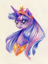 Size: 700x933 | Tagged: safe, artist:maytee, derpibooru import, twilight sparkle, twilight sparkle (alicorn), alicorn, pony, bust, crown, female, jewelry, mare, portrait, regalia, solo, traditional art