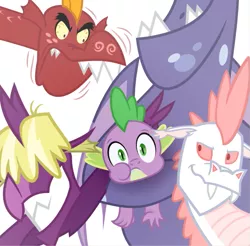 Size: 627x617 | Tagged: artist:changeling #209458, bunny ears, derpibooru import, dragon, fanfic, fanfic art, fanfic cover, fizzle, fume, garble, safe, spear (dragon), spike, vex