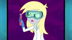 Size: 1920x1080 | Tagged: safe, derpibooru import, screencap, derpy hooves, acadeca, equestria girls, friendship games, clothes, goggles, i just don't know what went wrong, lab coat, potion, solo