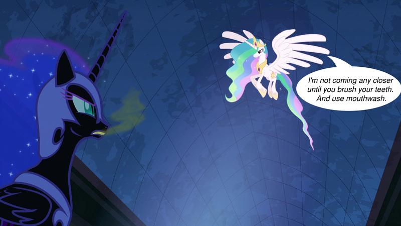 Size: 1920x1080 | Tagged: bad breath, caption, derpibooru import, edit, image macro, meme, nightmare moon, princess celestia, princess twilight sparkle (episode), safe, screencap, text