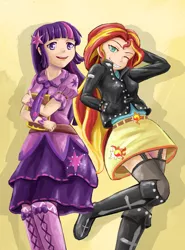 Size: 2150x2907 | Tagged: safe, artist:枫糖, derpibooru import, sunset shimmer, twilight sparkle, twilight sparkle (alicorn), alicorn, equestria girls, anime, book, clothes, dress, duo, garters, human coloration, jacket, leather jacket, one eye closed, open mouth, paint tool sai, pixiv, skirt, smiling, socks, stockings, thigh highs, wink, zettai ryouiki