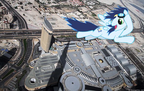 Size: 590x375 | Tagged: safe, derpibooru import, soarin', pony, burj khalifa, dubai, flying, irl, photo, ponies in real life, the dubai mall, united arab emirates, vector