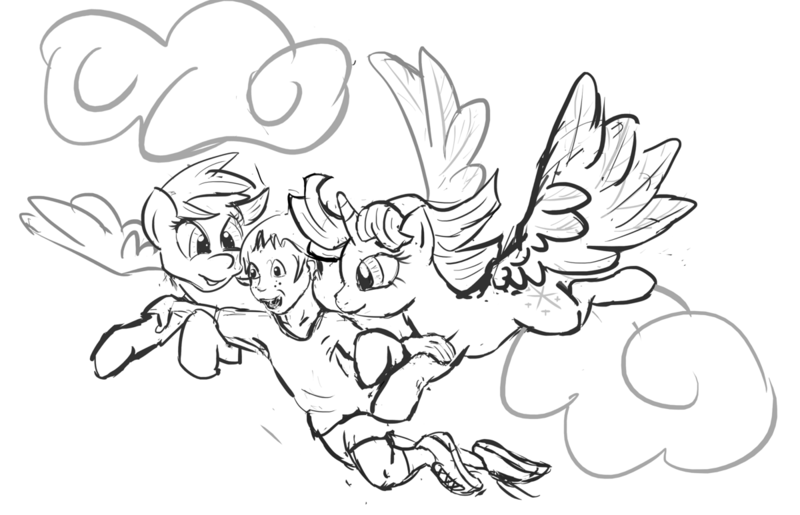 Size: 1200x773 | Tagged: safe, derpibooru import, rainbow dash, twilight sparkle, twilight sparkle (alicorn), alicorn, human, pony, flying, human and pony, human with pony, monochrome, sketch