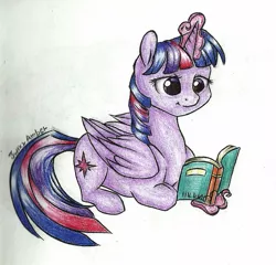 Size: 905x870 | Tagged: safe, artist:twixyamber, derpibooru import, twilight sparkle, twilight sparkle (alicorn), alicorn, pony, book, female, magic, mare, solo, traditional art