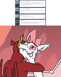 Size: 1280x1609 | Tagged: safe, artist:dmann892, derpibooru import, fizzle, garble, dragon, ask closet fizzle, gauntlet of fire, ask, blushing, garble's hugs, hug, spread wings, teenaged dragon, tongue out, tumblr, wingboner, wings