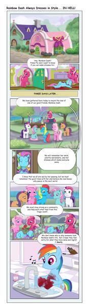 Size: 2400x8346 | Tagged: grimdark, artist:sslug, derpibooru import, cheerilee (g3), minty, pinkie pie (g3), rainbow dash, scootaloo (g3), starsong, sweetie belle (g3), pegasus, pony, blood, comic, dead, death, funeral, g3, murder, pony soap, sink, there can be only one, whistling, x eyes