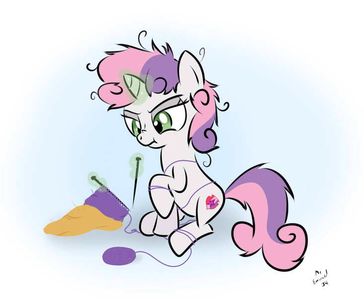 Size: 1100x900 | Tagged: artist:mremerald34, cutie mark, derpibooru import, dumb fabric, knitting, magic, messy mane, on your marks, safe, solo, sweetie belle, the cmc's cutie marks