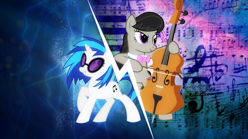 Size: 1920x1080 | Tagged: safe, artist:skycraftdie, artist:wishdream, derpibooru import, edit, octavia melody, vinyl scratch, earth pony, pony, unicorn, bow (instrument), cello, cello bow, female, mare, music, musical instrument, vector, wallpaper, wallpaper edit