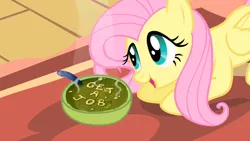 Size: 1280x720 | Tagged: alphabet soup, artist:fsin, can you spare a dime?, derpibooru import, edit, edited screencap, flutter brutter, fluttershy, food, get a job, hilarious in hindsight, safe, screencap, soup, spongebob squarepants