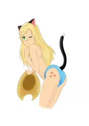 Size: 1241x1754 | Tagged: applebutt, applejack, applejack's hat, artist:blondedud, butt, cat, catgirl, clothes, cowboy hat, derpibooru import, female, hat, human, humanized, looking at you, looking back, loose hair, one eye closed, panties, partial nudity, solo, solo female, suggestive, topless, underwear, wink