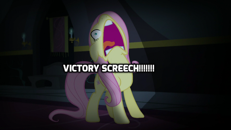 Size: 1024x576 | Tagged: caption, derpibooru import, flutterscream, fluttershy, image macro, meme, parody, reference, safe, scare master, screaming, screencap, spongebob squarepants, text, the algae's always greener, victory screech