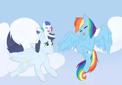 Size: 1024x717 | Tagged: safe, artist:muffin-draw, derpibooru import, rainbow dash, soarin', oc, oc:dashing prism, pony, backwards cutie mark, female, flying, male, offspring, old cutie mark, parent:rainbow dash, parent:soarin', parents:soarindash, ponies riding ponies, pony hat, riding, shipping, soarindash, straight