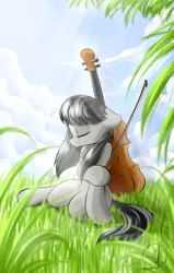 Size: 1080x1700 | Tagged: safe, artist:phuocthiencreation, derpibooru import, octavia melody, pony, background pony, bow (instrument), cello, cello bow, eyes closed, field, musical instrument, relaxing, signature, sitting, solo