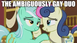 Size: 888x500 | Tagged: safe, derpibooru import, screencap, bon bon, lyra heartstrings, sweetie drops, earth pony, pony, unicorn, slice of life (episode), ambiguously gay duo, best friends, caption, discovery family logo, duo, female, image macro, implied lesbian, lesbian, lyrabon, meme, saturday night live, shipping, text