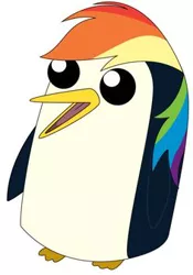 Size: 236x338 | Tagged: adventure time, artist needed, bird, derpibooru import, fusion, gunter (adventure time), multicolored hair, open mouth, penguin, rainbow dash, rainbow hair, safe, simple background, solo, vector, white background