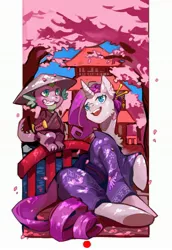 Size: 2031x2952 | Tagged: safe, artist:knifedragon, derpibooru import, part of a set, rarity, spike, cherry blossoms, clothes, conical hat, female, flower, flower blossom, grin, hat, kimono (clothing), male, seasons, shipping, smiling, sparity, spring, straight, underhoof