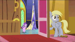 Size: 500x281 | Tagged: safe, artist:x-saltedfish, derpibooru import, edit, edited screencap, screencap, derpy hooves, starlight glimmer, pegasus, pony, no second prances, slice of life (episode), animated, derpy doing derpy things, derpy's door, discovery family, discovery family logo, door, exploitable meme, female, gif party, jontron thread, lock, mare, meme, obligatory pony, open mouth, smiling