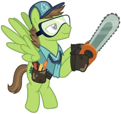 Size: 10000x9400 | Tagged: absurd resolution, adobe illustrator, artist:mpnoir, cap, chainsaw, clothes, derpibooru import, douglas spruce, evergreen, full body, goggles, hat, princess spike (episode), safe, simple background, smiling, solo, .svg available, toolbelt, transparent background, vector