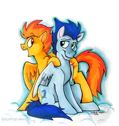 Size: 1376x1456 | Tagged: safe, artist:spainfischer, derpibooru import, soarin', spitfire, pegasus, pony, backwards cutie mark, cloud, female, hoof on shoulder, male, marker drawing, open mouth, profile, shipping, signature, simple background, sitting, soarinfire, straight, traditional art, white background, younger