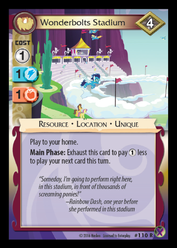 Size: 358x500 | Tagged: safe, derpibooru import, caramel, parasol, rainbow dash, soarin', pony, rarity investigates, card, ccg, enterplay, marks in time, merchandise, quote, stadium, wonderbolts, wonderbolts stadium