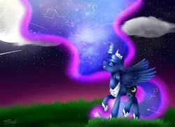 Size: 1024x745 | Tagged: artist:cloud-drawings, derpibooru import, eyes closed, grin, magic, moon, night, princess luna, safe, smiling, solo, spread wings, twilight (astronomy), wings