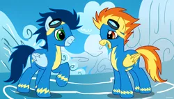 Size: 1024x582 | Tagged: safe, artist:zoruanna, derpibooru import, soarin', spitfire, pony, clothes, cloudsdale, female, male, shipping, smiling, soarinfire, standing, straight, talking, uniform, wonderbolts, wonderbolts uniform