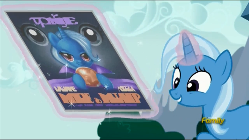 Size: 1600x900 | Tagged: safe, derpibooru import, edit, edited screencap, screencap, trixie, pony, unicorn, no second prances, discovery family logo, female, mare, trixie's poster