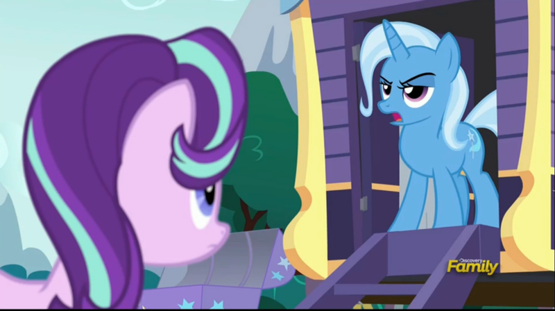 Size: 2543x1423 | Tagged: safe, derpibooru import, screencap, starlight glimmer, trixie, pony, unicorn, no second prances, caravan, discovery family logo, female, mare, trixie's wagon, wagon