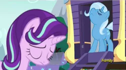 Size: 853x476 | Tagged: safe, derpibooru import, screencap, starlight glimmer, trixie, pony, unicorn, no second prances, caravan, discovery family logo, female, mare, trixie's wagon, wagon