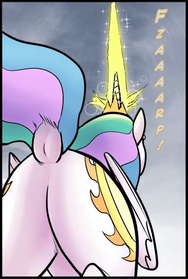 Size: 381x567 | Tagged: safe, artist:pencils, derpibooru import, princess celestia, alicorn, pony, comic:anon's pie adventure, butt, comic, cropped, dock, female, magic, mare, plot, praise the sun, sunbutt