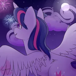 Size: 1280x1280 | Tagged: safe, artist:neonblaze909, derpibooru import, twilight sparkle, twilight sparkle (alicorn), alicorn, pony, cloud, female, fireworks, flying, mare, night, solo