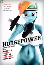 Size: 1300x1920 | Tagged: 3d, anthro, artist:more-useless-source, artist:screwingwithsfm, art pack, art pack cover, art pack:horsepower!, barbell, big breasts, bottomless, breasts, busty rainbow dash, clothes, derpibooru import, female, headband, partial nudity, rainbow dash, solo, solo female, source filmmaker, sports, suggestive, tanktop, underboob, weight lifting