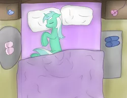 Size: 1500x1166 | Tagged: artist:laserbiskit, bed, bird's eye view, blanket, clothes, derpibooru import, eyes closed, floppy ears, implied anon, implied human, lamp, lying down, lyra heartstrings, pillow, safe, side, sleeping, slippers, smiling, solo, top down
