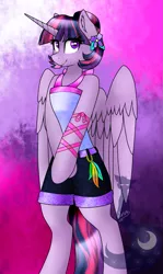 Size: 893x1500 | Tagged: alicorn, anthro, arm hooves, artist:blackdark143, clothes, derpibooru import, flower, flower in hair, safe, shorts, solo, twilight sparkle, twilight sparkle (alicorn), unguligrade anthro, watermark