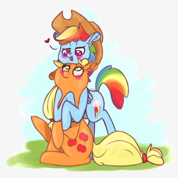 Size: 1024x1024 | Tagged: safe, artist:kyuuno-chan, derpibooru import, applejack, rainbow dash, accessory swap, appledash, applejack's hat, blushing, cowboy hat, female, hat, heart, hug, hug from behind, lesbian, shipping