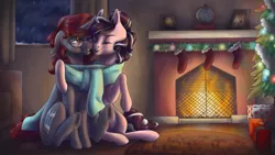 Size: 1920x1080 | Tagged: safe, artist:ebonytails, derpibooru import, oc, oc:curse word, oc:magpie, unofficial characters only, pony, unicorn, boop, clothes, cute, female, fireplace, hearth's warming eve, lesbian, noseboop, present, scarf, shared clothing, shared scarf, stockings, thigh highs
