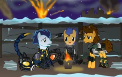 Size: 4852x3074 | Tagged: safe, artist:vector-brony, derpibooru import, cheese sandwich, flash sentry, soarin', pony, fallout equestria, absurd resolution, armor, best friends, cold, commission, enclave armor, fallout, fireplace, flankorage, laser gun, power armor, sad, shadowbolt armor, trench, trio, war, winter